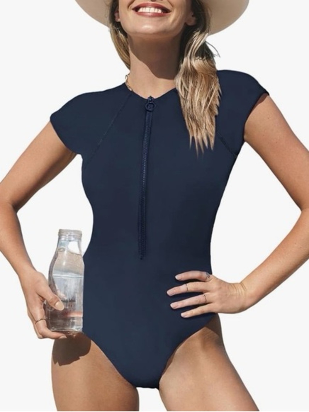 Cupshe Navy Front-Zip Short Sleeve One-Piece Swimsuit Rashguard Large